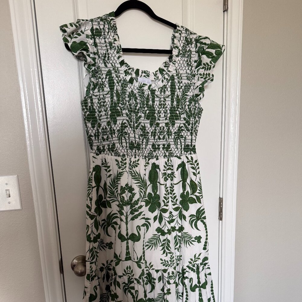 Sugarlips Printed Scoop Neck Double Ruffle Short Sleeve Smocked Midi Dress